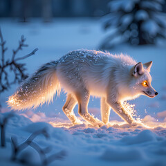 Wall Mural - A mystical white fox roaming through a snowy forest, illuminated by a glimmering winter glow, photorealistic of wildlife concept.