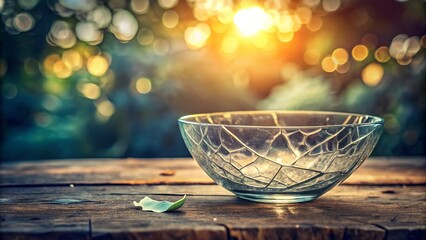 Wall Mural - A Cracked Glass Bowl on a Table with Copy Space for Text, Showcasing the Fragility of Glassware and the Beauty of Imperfections in an Artistic Setting