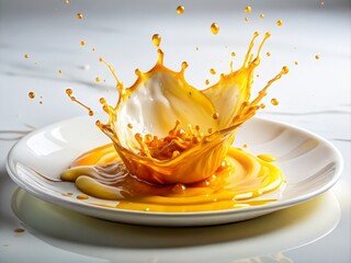 Wall Mural - A Splash of Amber Liquid Creating Culinary Art on a White Canvas with Vibrant Yellow Accents for a Stunning Gastronomic Experience