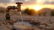 © RANA - Close-up of a bronze tap pouring water onto dry, cracked soil at sunset.