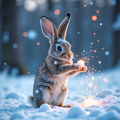 Wall Mural - Enchanting snowy rabbit casting sparkles in a winter wonderland scene, photorealistic of whimsical concept.