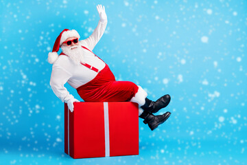 Wall Mural - full length photo of fat overweight santa claus with big stomach beard sit red gift box greeting x-m