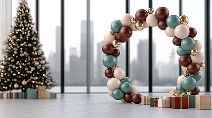 Sticker - Festive balloon arch in dark red, white, and green adorns a minimalist living room featuring a Christmas tree and beautifully wrapped presents