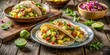 © Supittra - A Delicious Plate of Batter Fried Cod Fish Tacos with Avocado and Pineapple Salsa Served Inside Warm Tortillas on a Rustic Wooden Table Background