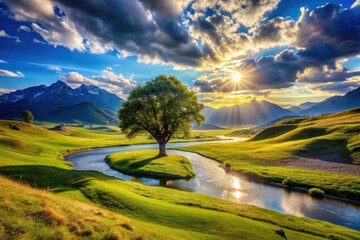 Wall Mural - Serene Landscape of a Lone Tree on a Grassy Hill Overlooking a Winding River and Majestic Mountains Under a Bright Blue Sky with Fluffy Clouds