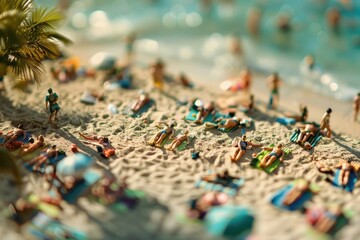 Wall Mural - Miniature people sunbathing at beach in summer concept.