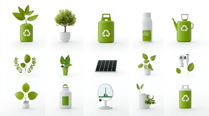 Poster - Sustainable living icons collection showcasing green energy solar power recycling water saving devices and eco friendly habits on a minimalistic white background