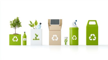 Poster - Sustainable living icons collection showcasing green energy solar power recycling water saving devices and eco friendly habits on a minimalistic white background