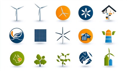 Poster - Minimalist and modern infographic design featuring 15 simple icons related to sustainable living practices such as wind turbines solar energy recycling