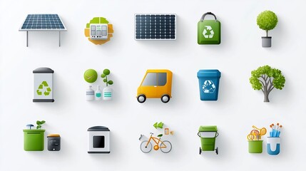 Poster - Set of 15 infographic icons showcasing diverse sustainable living solutions including solar panels energy efficient appliances recycling bins