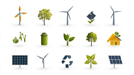 Poster - Minimalist Infographic Design Featuring 15 Icons Related to Sustainable Living Practices such as Wind Turbines Solar Energy Recycling and Green Building Materials on a Plain White Background