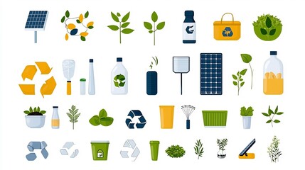 Poster - Colorful Set of Environmental Icons Illustrating Sustainable Living Practices Such as Energy Efficiency Solar Power and Zero Waste Lifestyle on a Clean White Backdrop