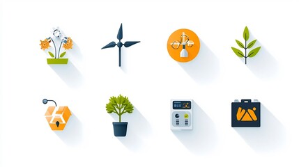 Poster - Comprehensive icon set showcasing visual representations of sustainable lifestyle elements such as renewable energy recycling water saving systems
