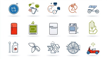 Poster - Clean and modern infographic style with 15 icons showcasing a variety of sustainability solutions including smart appliances solar energy waste management