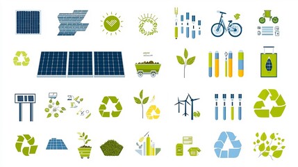 Poster - Set of Infographic Icons Representing Sustainable Solutions and Renewable Energy Concepts Including Solar Panels Recycling Composting and Energy Efficiency on a Clean White Background