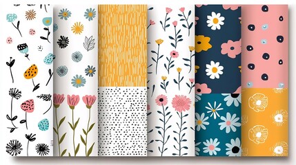 Poster - Beautiful collection of retro inspired floral seamless patterns featuring geometric flower art in vibrant colors perfect for spring decor postcards and other creative projects