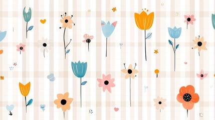 Aufkleber - Retro inspired floral patterns featuring vibrant abstract colorful flowers and checkered backgrounds creating seamless vintage spring textures for graphic design wallpaper fabric and packaging
