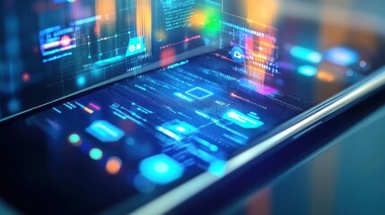 Futuristic smartphone displaying digital data and interface elements.