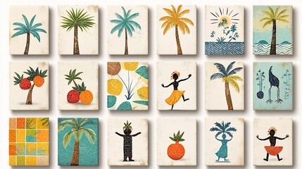 Poster - Vintage jungle nature collection showcasing a vibrant mosaic patchwork design of palm trees tropical fruits and dancing Hawaiian figures in a lush colorful and dynamic composition