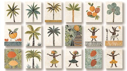 Poster - Vintage tropical jungle showcasing lush palm trees exotic tropical fruits and dancing Hawaiian figures in a vibrant mosaic patchwork design pattern