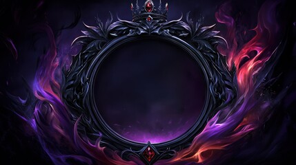 Wall Mural - a grand, circular obsidian frame with dark, leaf-like detailing around the edges, giving it a gothic