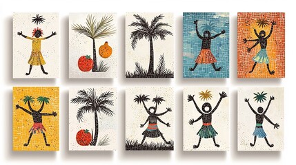 Poster - Vintage tropical mosaic patchwork showcasing dancing Hawaiian figures palm trees exotic fruits and lush jungle foliage in a vibrant colorful design
