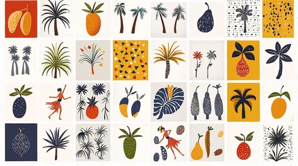 Poster - Vibrant and visually striking vintage patchwork mosaic design featuring hand drawn of swaying palm trees Hawaiian hula dancers and luscious tropical fruits in a bold geometric and colorful aesthetic