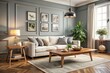 © DigitalArt Max - Vintage Style Living Room with Bright Airy Atmosphere and Modern Touches Featuring White Sofa and Wooden Coffee Table