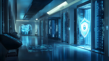 Wall Mural - digital illustration of cybersecurity and data centre protection. shield icon with a padlock symbol 