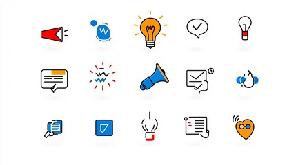 Fototapete - Unique set of digital marketing outline icons showcasing key tasks and strategies for modern business management including content creation performance tracking project planning