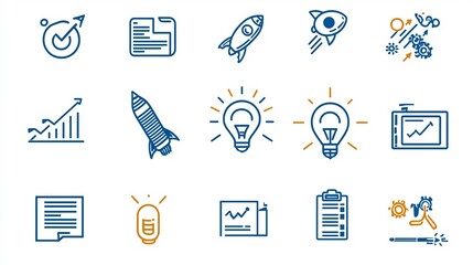 Poster - Comprehensive set of 15 sleek and modern outline icons designed to represent various digital marketing concepts such as production goal achievement project coordination and strategic planning