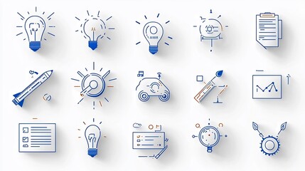 Poster - Outline set of 15 digital marketing icons illustrating various business strategies project timelines production processes and achieving goals  Useful for infographics web designs app interfaces