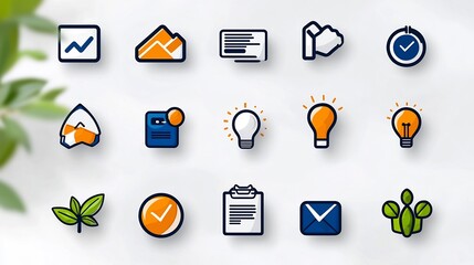 Aufkleber - Minimalist black outline icons set featuring 15 unique designs related to digital marketing workflows team management and success tracking to help businesses optimize their processes and