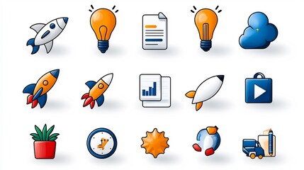 Poster - Set of minimalist black outline icons illustrating various aspects of digital marketing project planning productivity management strategies and achieving business goals