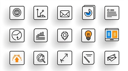 Poster - Set of Minimal Black and White Outline Icons Representing Digital Marketing Project Coordination Process Flow Productivity Tracking and Business Analytics