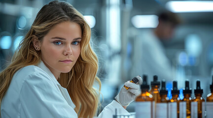 Poster - A female chemist in a modern laboratory carefully adding essential oil into a test tube with a black dropper.