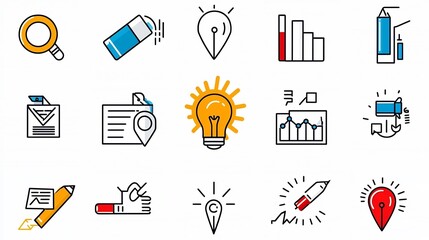 Leinwandbilder - Creative set of 15 black and white outline digital marketing icons featuring project milestones work processes business planning and success achievement