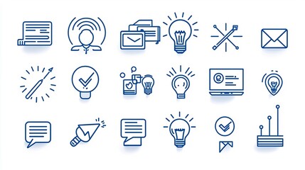 Aufkleber - Set of 15 modern black and white outline icons illustrating various digital marketing aspects and strategies such as production teamwork process management and performance tracking