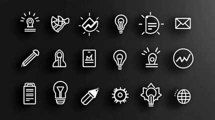 Leinwandbilder - Black and White Outline Icons Representing Digital Marketing Themes Such as Strategic Planning Project Execution Teamwork and Achieving Business Goals