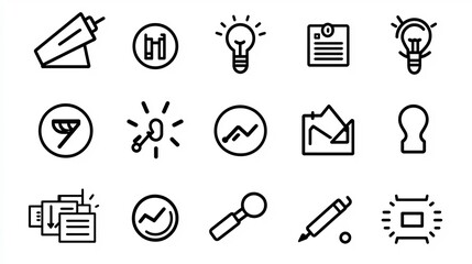 Poster - Comprehensive Set of 15 Black and White Outline Icons Depicting Essential Digital Marketing Workflow Productivity Management and Target Goal Elements