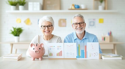 Poster - Cheerful Senior Couple Celebrating Their Financial Security and Wealth in Retirement with a Piggy Bank and Financial Charts Symbolizing Successful Saving and Investment Strategies