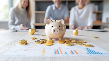 Poster - Cheerful and content retirees joyfully examining a golden piggy bank filled with coins along with financial charts illustrating their wealth and prosperous retirement lifestyle