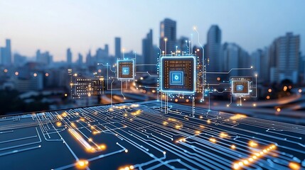 Fototapete - Conceptual design of a futuristic smart city with a glowing circuit like architecture showcasing the of advanced technology digital infrastructure