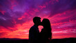 © Margarita - Silhouette of a couple kissing against a vibrant sunset sky with purple and pink hues, Kiss Day celebration, Valentine’s Day celebration