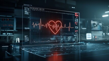 Leinwandbilder - Glowing heart design intertwined with a lifelike ECG line pulsing rhythmically set against a subtle dark abstract background  This dynamic and modern represents the concept of life health