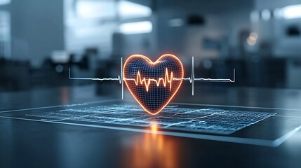 Poster - Glowing heart outlined with a clear pulsating electrocardiogram line surrounded by subtle dark gradients representing balance and vitality in a conceptual futuristic medical or healthcare