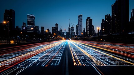 Aufkleber - Futuristic smart city design featuring a skyline of advanced skyscrapers blended with dynamic digital light trails forming a connected network showcasing the of technology sustainability