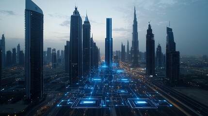 Poster - Sleek and futuristic cityscape showcasing advanced architectural designs with vibrant circuit like light connections that interlink sustainable urban solutions and innovative technologies for a smart