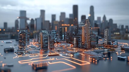 Poster - Conceptual urban futuristic showcasing an interconnected city with glowing circuit like lighting patterns emphasizing sustainable and smart living in a modern digital age