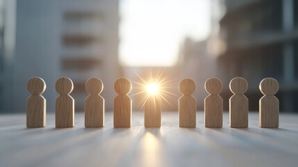 Fototapete - Wooden figures with radiant light standing on building rooftops portraying a strong and diverse team united in purpose and vision